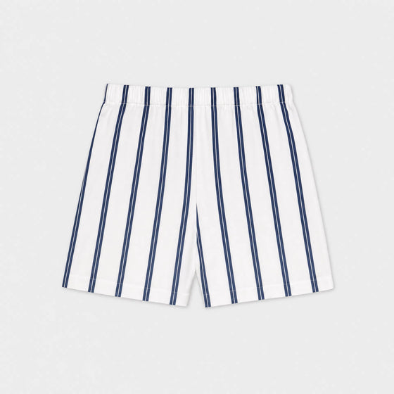 GINGI Boy Short Stripe Bastian - Navy White Nautical Stripe Cotton Shorts Flat Lay Back View