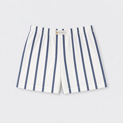 GINGI Boy Short Stripe Bastian - Navy White Nautical Stripe Cotton Shorts Flat Lay Front View