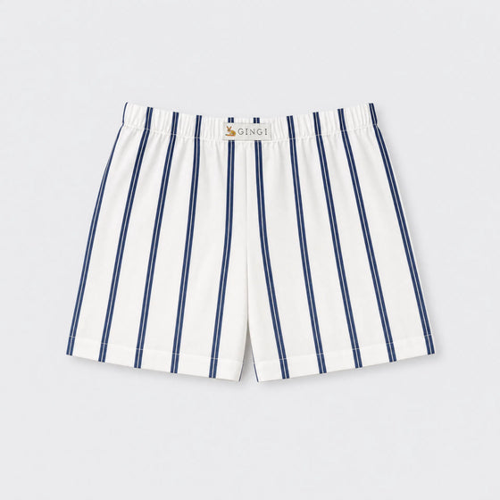 GINGI Boy Short Stripe Bastian - Navy White Nautical Stripe Cotton Shorts Flat Lay Front View