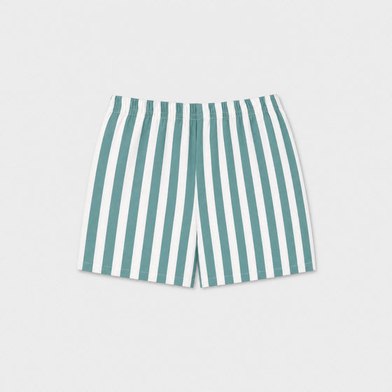GINGI Boy Short Stripe Daniel - Green White Stripe Cotton Shorts Flat Lay Back View