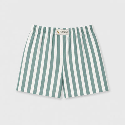 GINGI Boy Short Stripe Daniel - Green White Stripe Cotton Shorts Flat Lay Front View