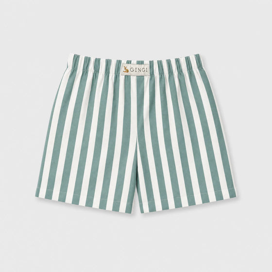 GINGI Boy Short Stripe Daniel - Green White Stripe Cotton Shorts Flat Lay Front View