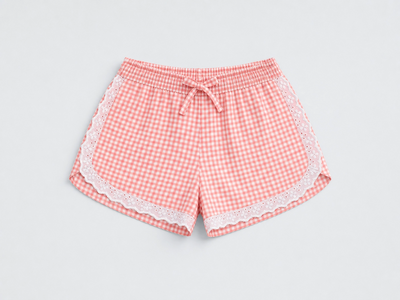 GINGI Girls Coral Gingham Shorts with Broderie Anglaise Lace - Flat Lay Front