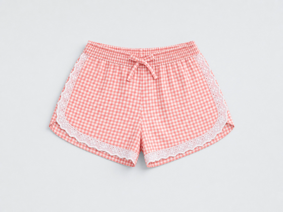 GINGI Girls Coral Gingham Shorts with Broderie Anglaise Lace - Flat Lay Front