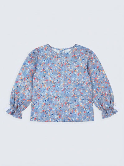 GINGI Samira Blouse Blue - Flat Lay Front View - Dusty Blue Floral Cotton Blouse with Velvet Bows