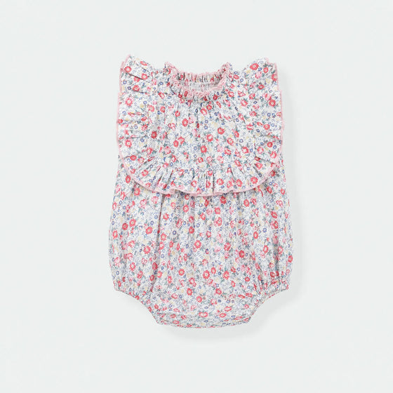 Baby Pink Flower Romper Bella — flat lay, front