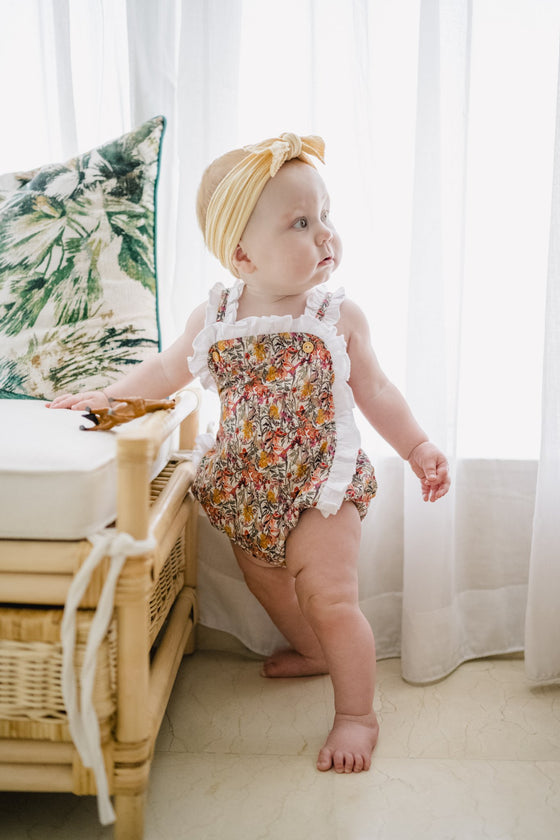 Baby Ruffle Romper Hazel - Floral Cotton with White Muslin Ruffles Front | GINGI Kids UAE