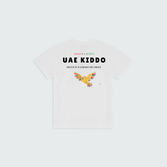 UAE Kiddo Kids T-Shirt Back - White Cotton Tee with Golden Bird Abu Dhabi Coordinates Raised by a Generation Shaper - GINGI