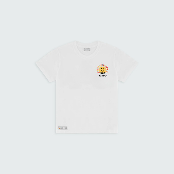 UAE Kiddo Kids T-Shirt Front - White Cotton Tee with Sun UAE Flag Colors Pocket Print - GINGI