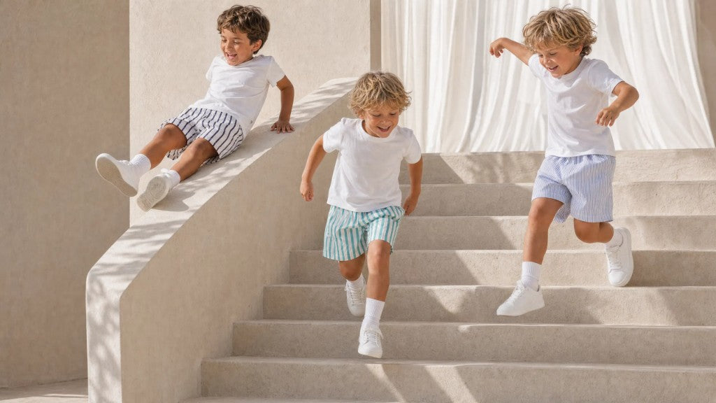 Children wearing GINGI tees and stripe shorts