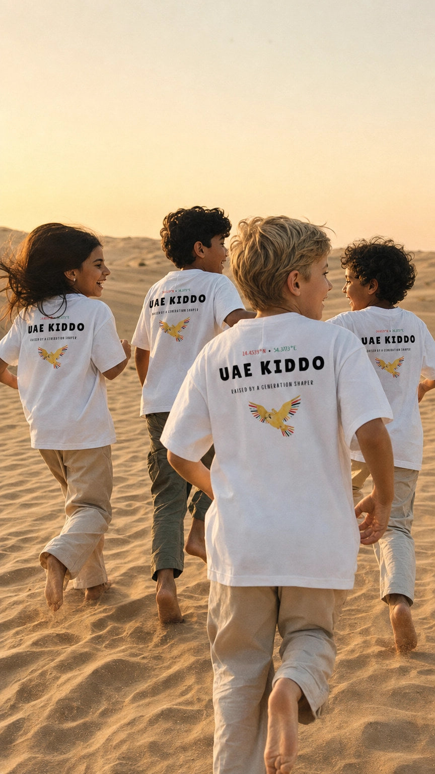Three children in the UAE desert wearing UAE Kiddo