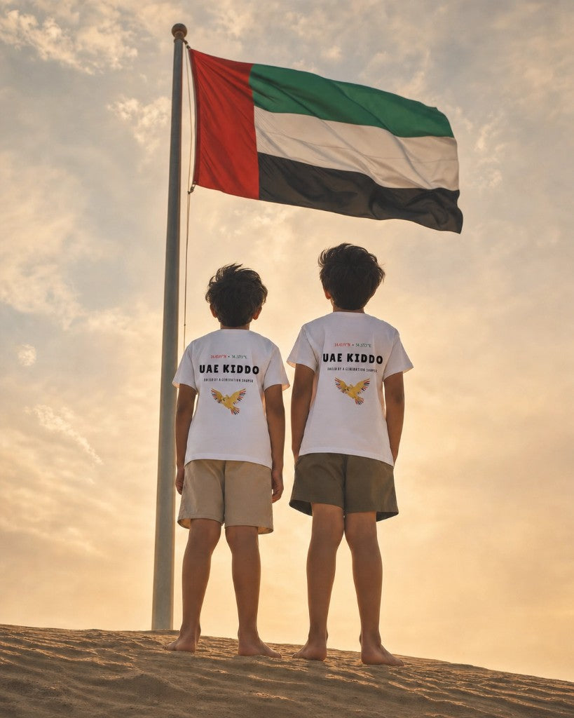 Children facing the UAE flag wearing UAE Kiddo