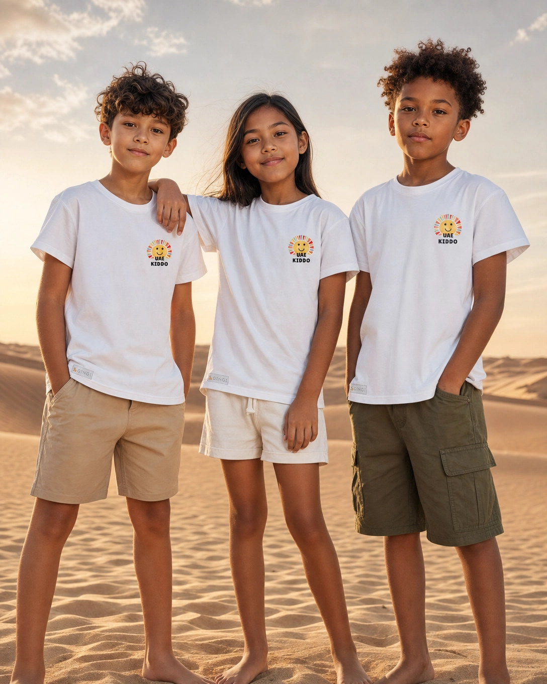 Three children wearing UAE Kiddo in the desert