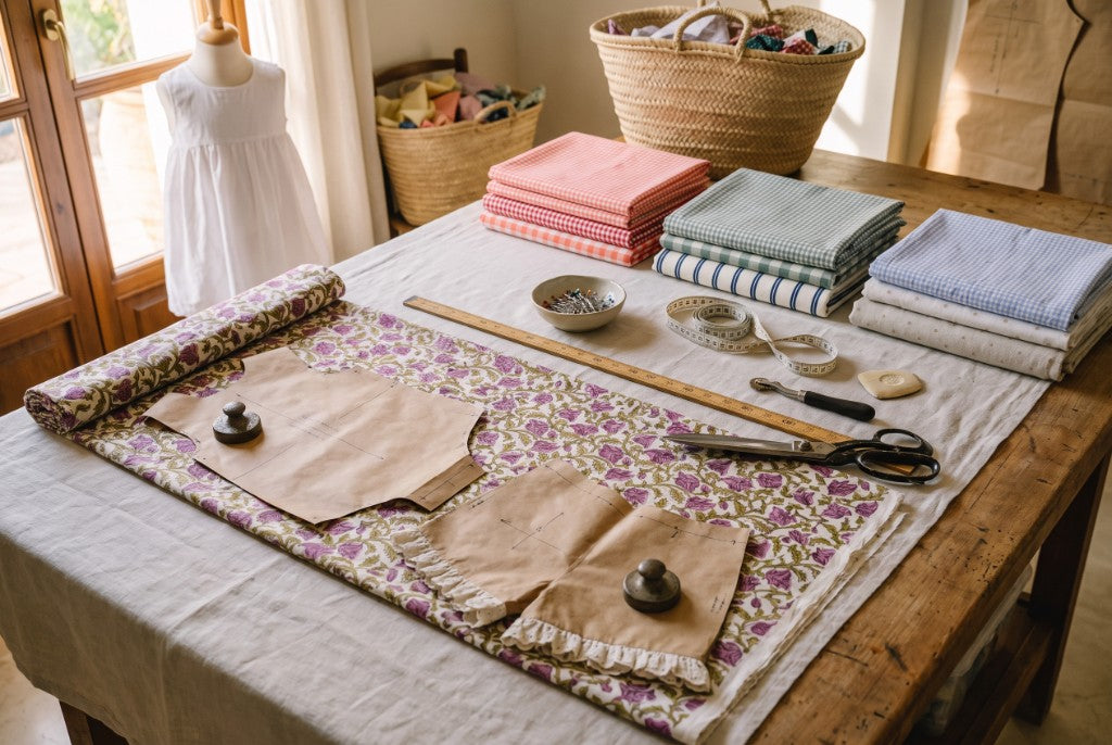 Artisan sewing table with patterns and fabrics